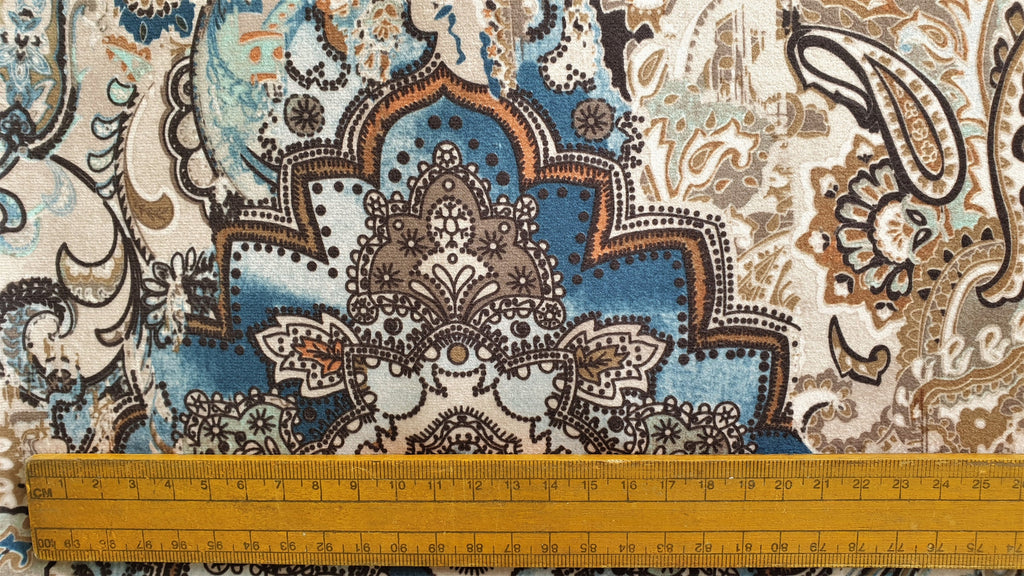 Beige, Blue Arabian Love Damask Print Velvet Curtain Panels
