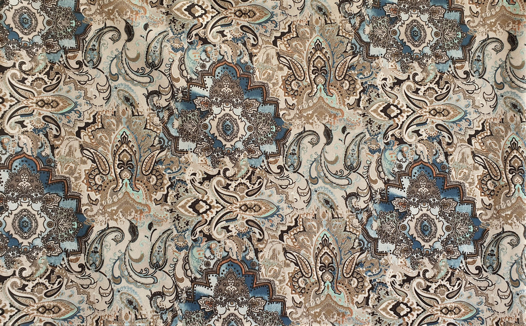 Beige, Blue Arabian Love Damask Print Velvet Curtain Panels