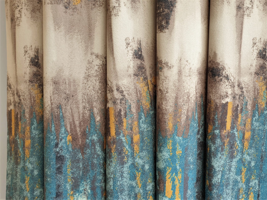 Beige Abstract Love Damask Printed Velvet Curtain Panels