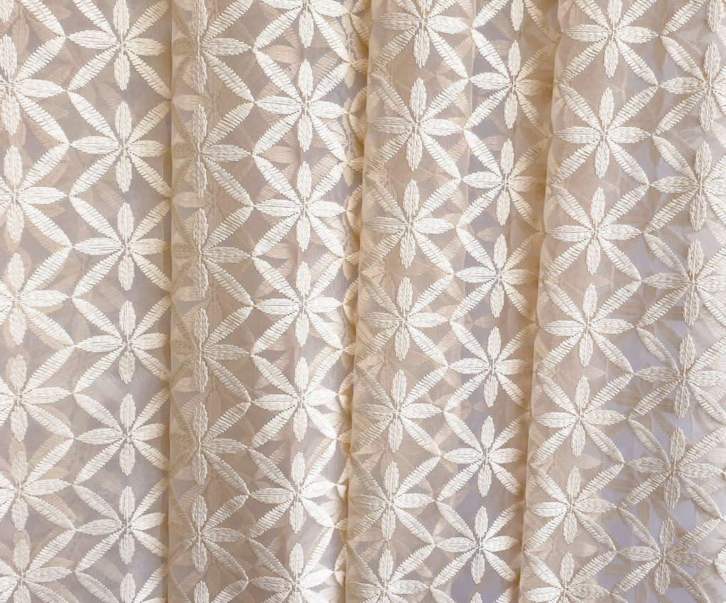 Cream Flowers Sheer Printed Velvet Embroidery Curtain Panels