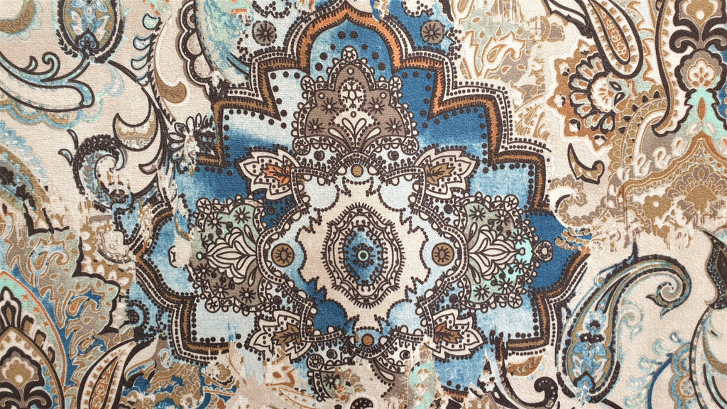 Beige, Blue Arabian Love Damask Print Velvet Curtain Panels