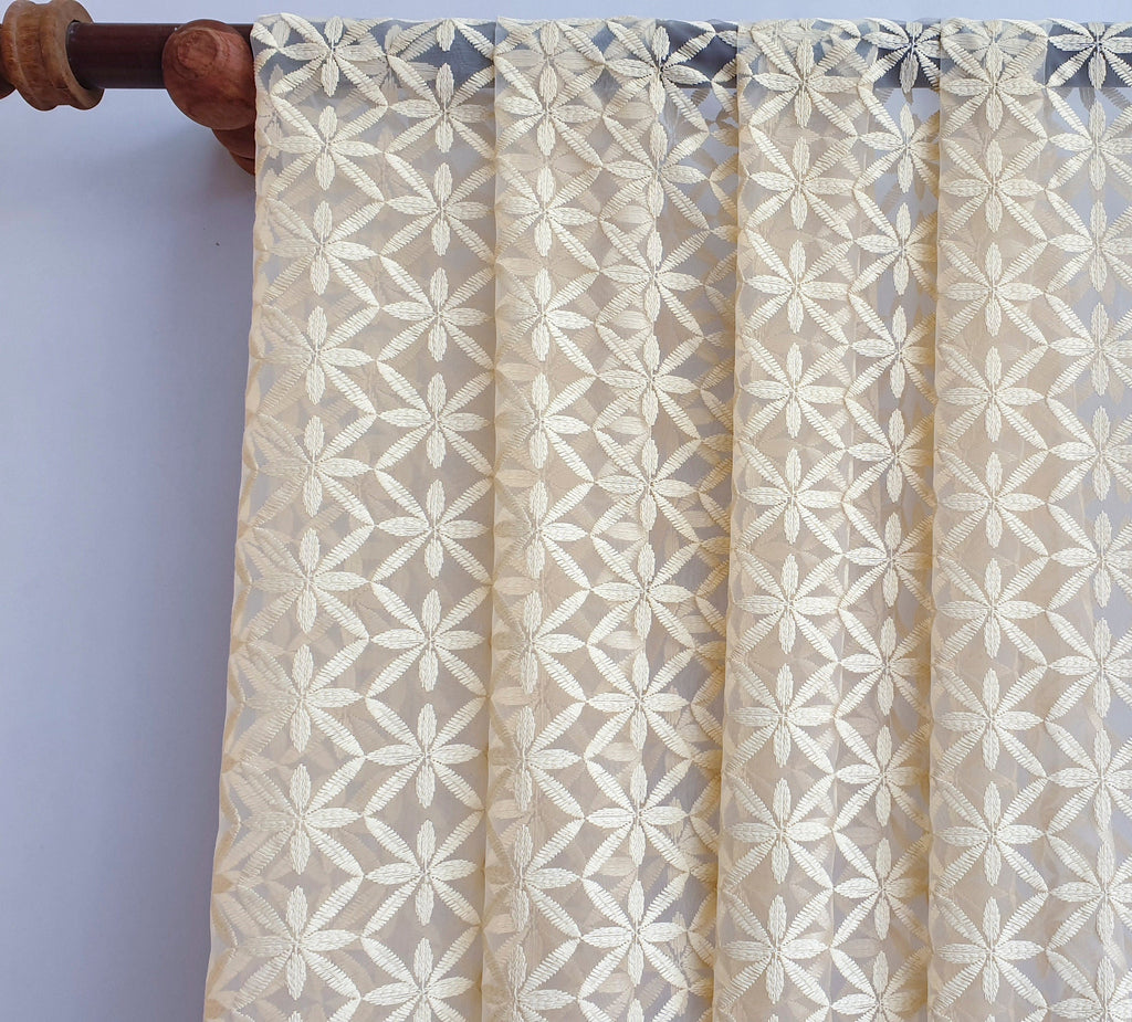 Cream Flowers Sheer Curtain Fabric By The Metre