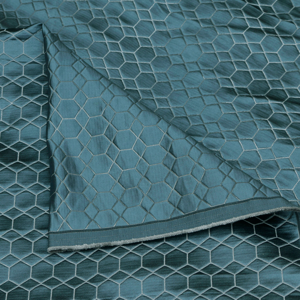 Teal N Silver Hexagon Jacquard Quilt Look Curtain Panels