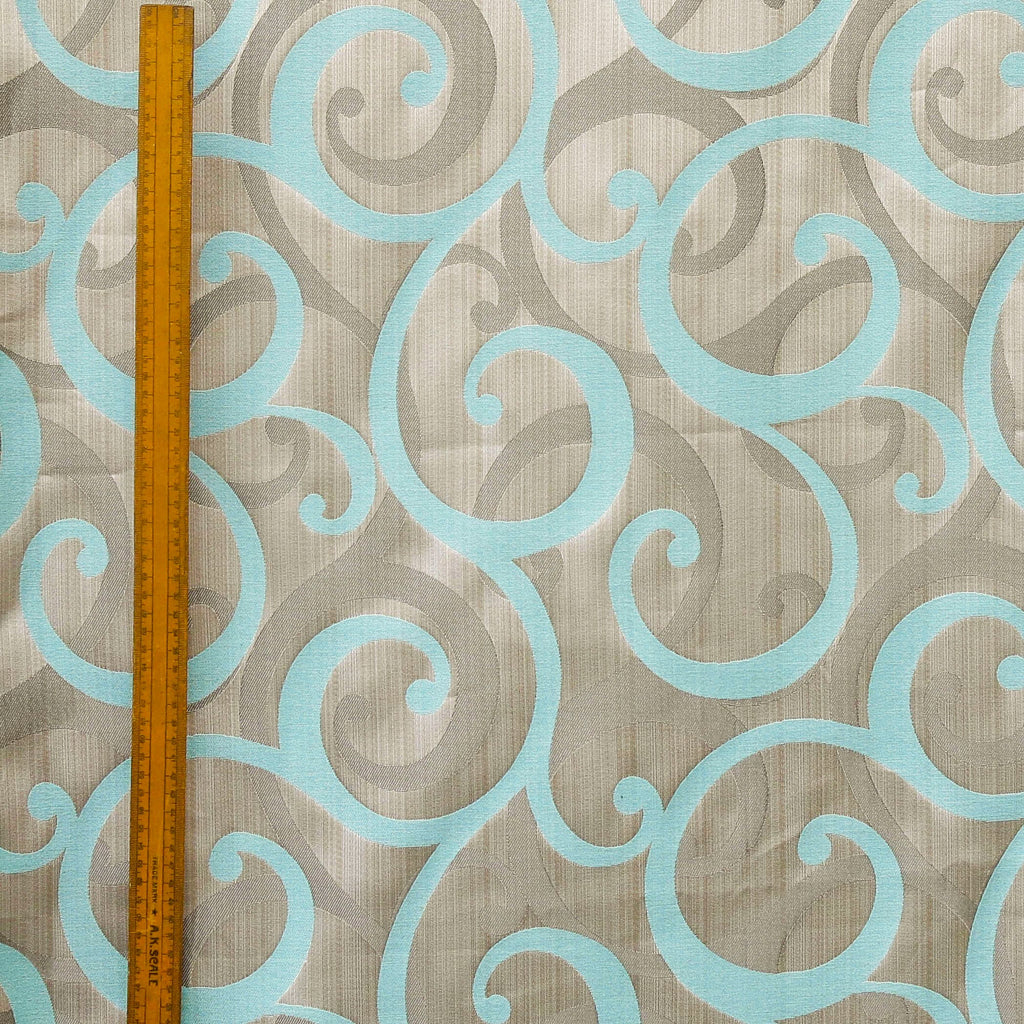 Aqua Scrolls Jacquard Fabric By The Metre