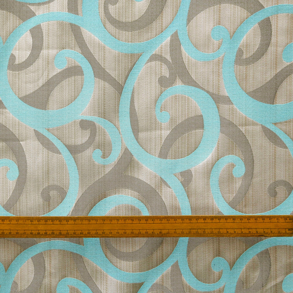 Aqua Scrolls Jacquard Fabric By The Metre