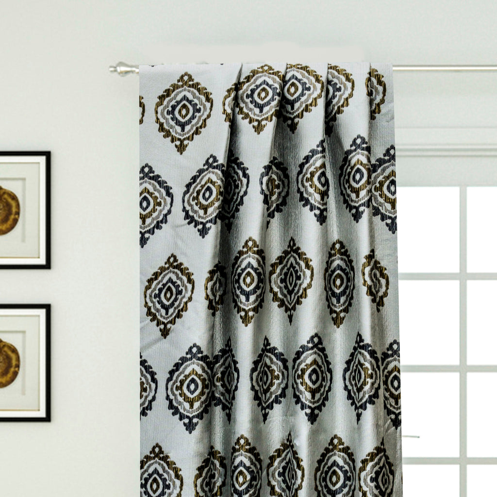 Gold N Grey Damask Jacquard Weave Textured Curtain Panels