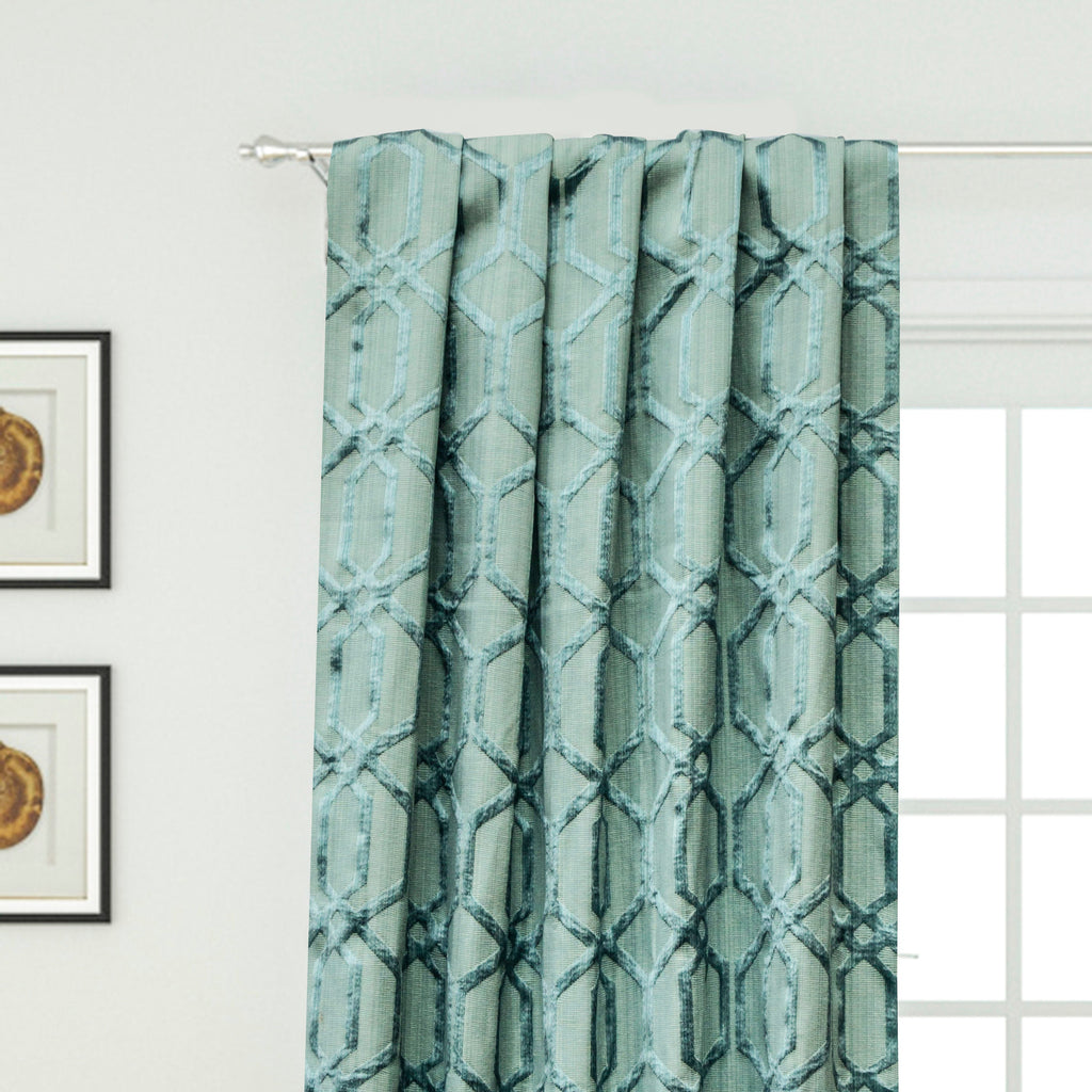 Geometric Aqua Blue Jacquard Weave Textured Curtain Panels