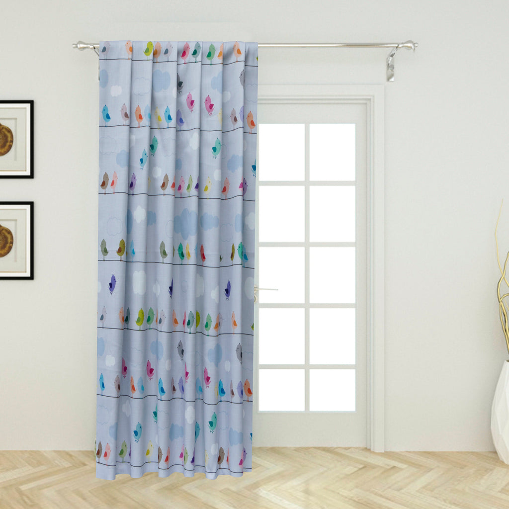 Light Blue Cute Birds Kids Printed Cotton Curtain Panels