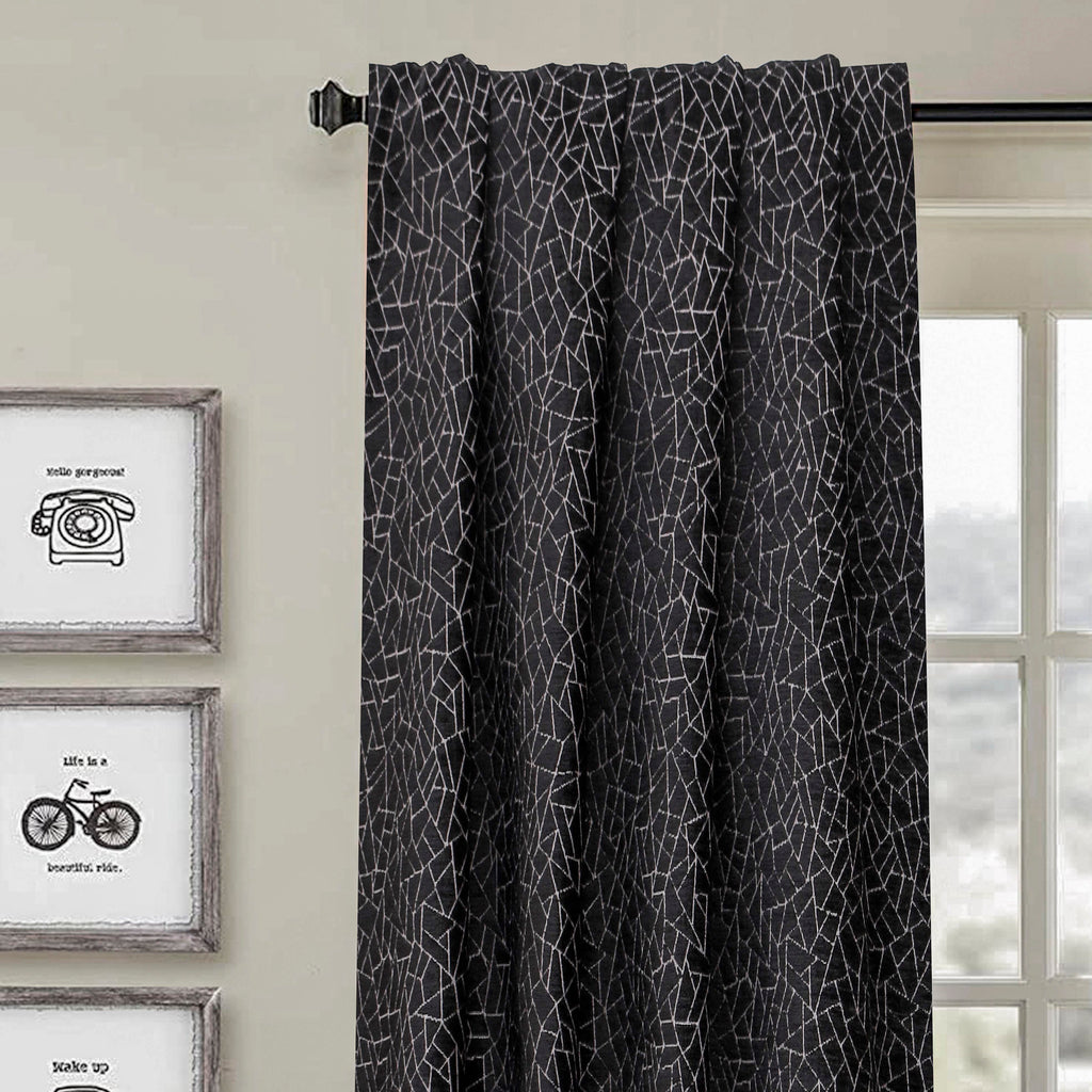 Black Gray Web Jacquard Velvet Abstract Curtain Panels