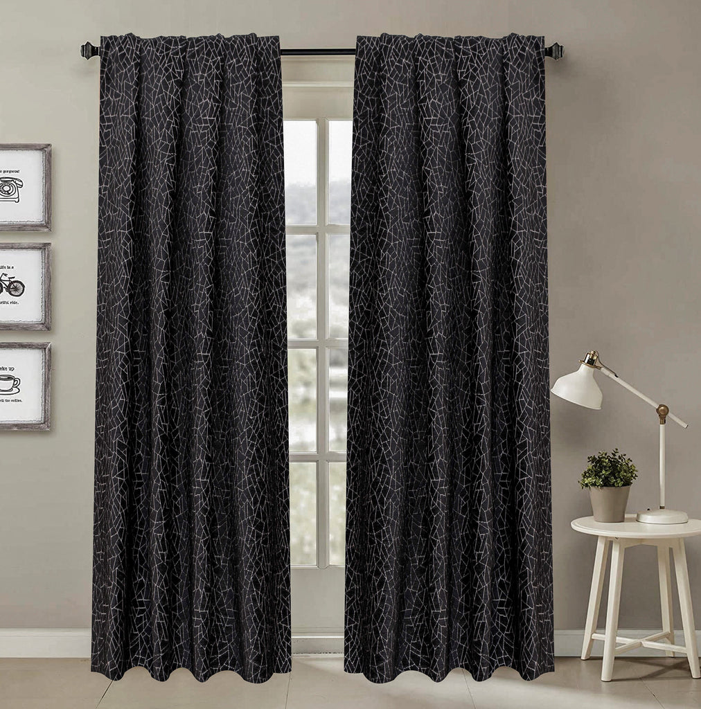 Black Gray Web Jacquard Velvet Abstract Curtain Panels