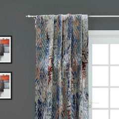 Artistic Ivory, Blue Printed Velvet Geometric Curtain Panels