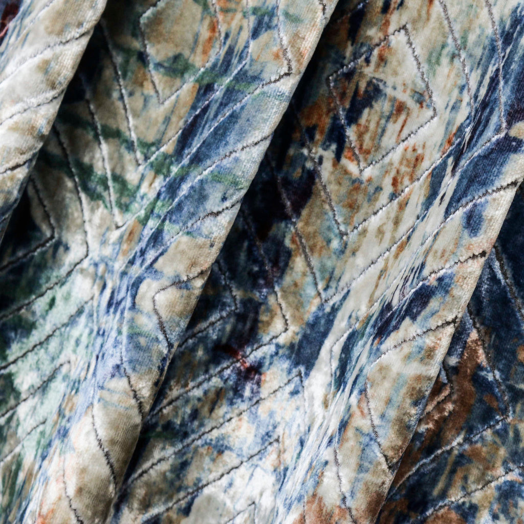 Artistic Ivory, Blue Printed Velvet Geometric Curtain Panels