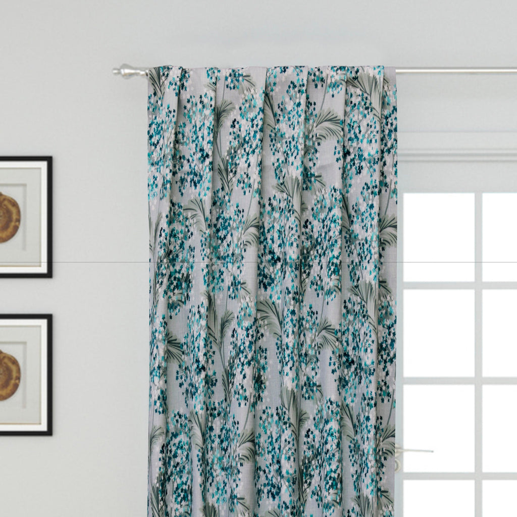 Turquoise Blue Flowers Printed Cotton Curtain Panels