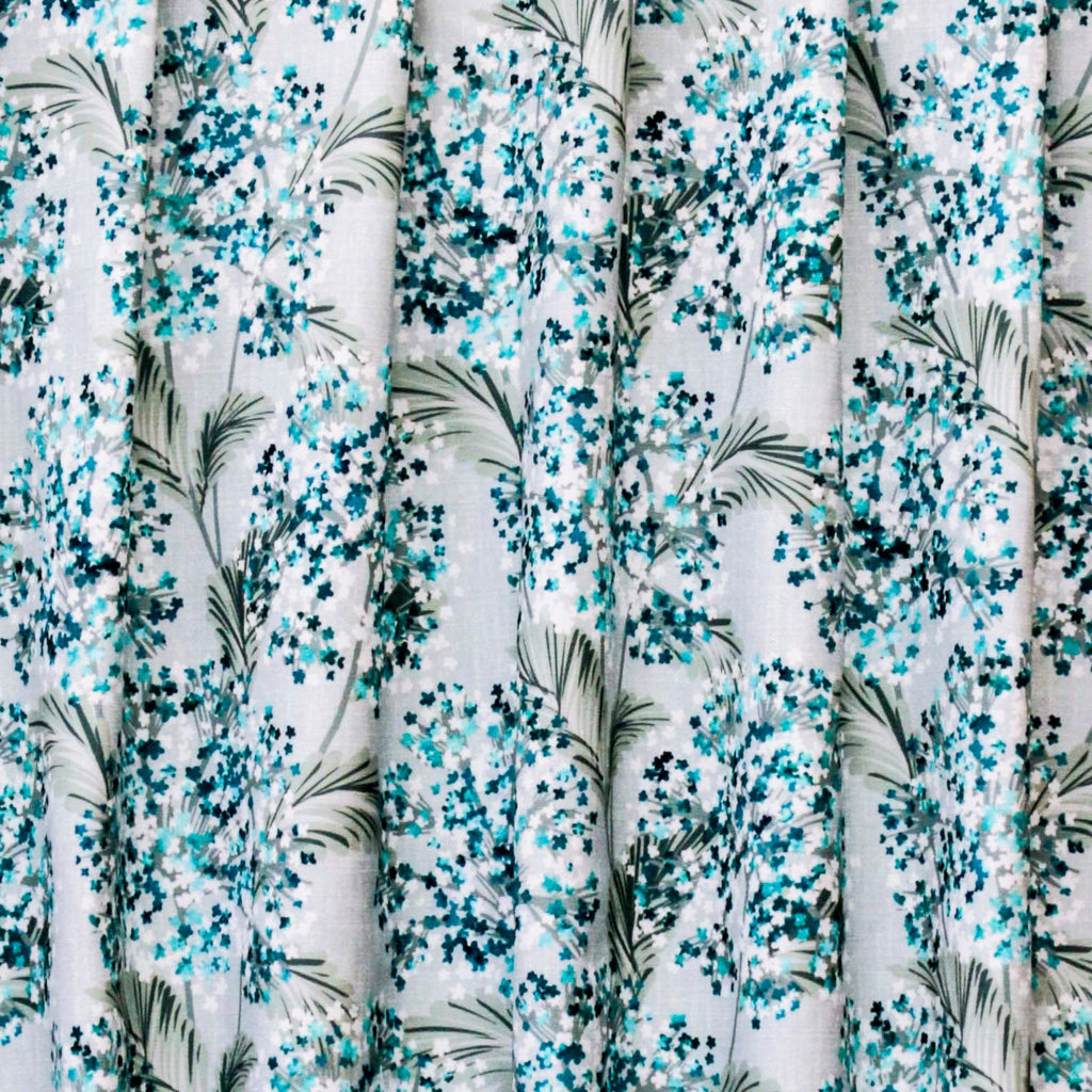 Turquoise Blue Flowers Printed Cotton Curtain Panels