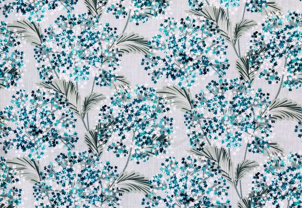 Turquoise Blue Flowers Printed Cotton Curtain Panels