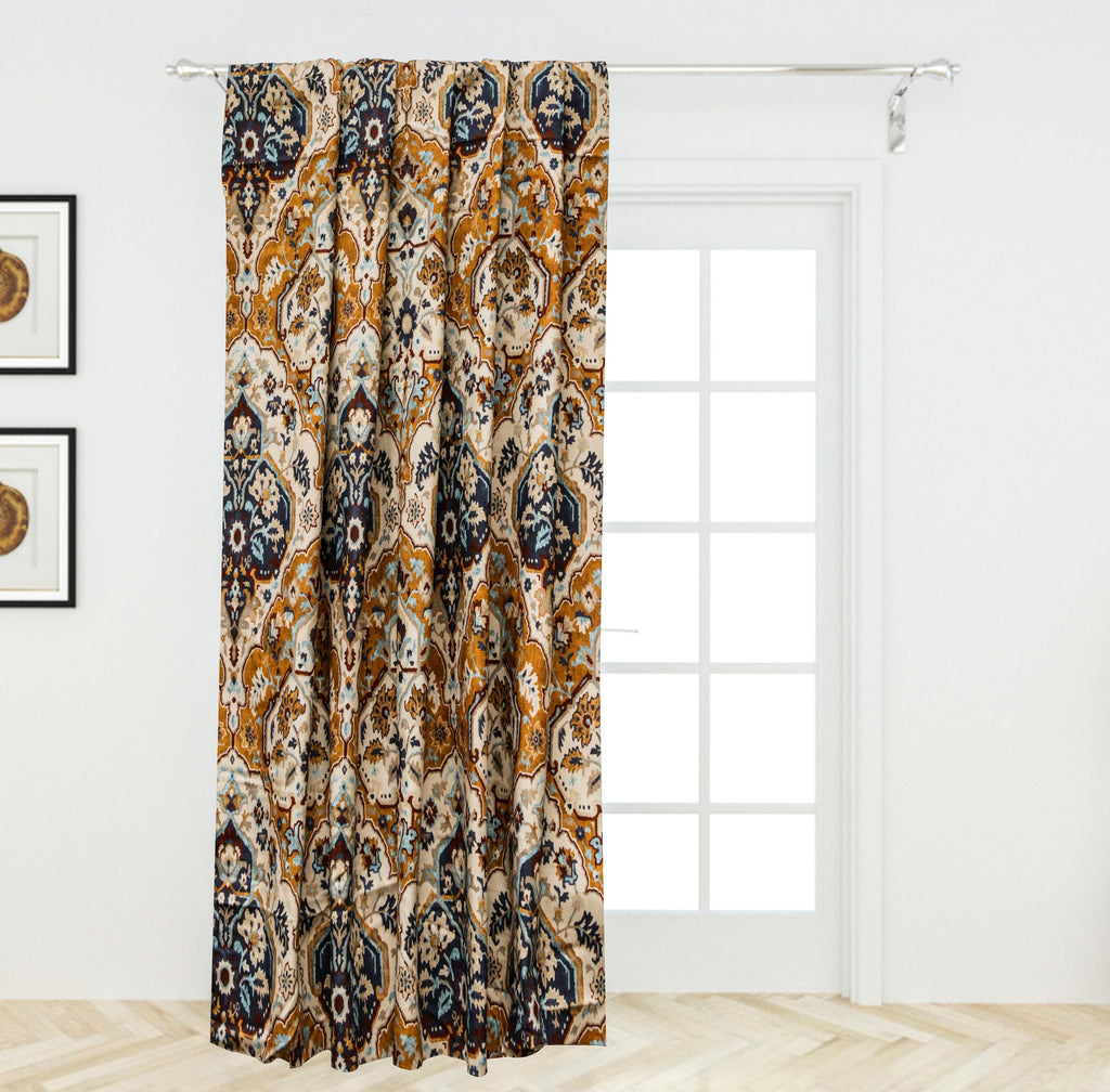 Cream Traditional Damask Printed Cotton Curtain Panels