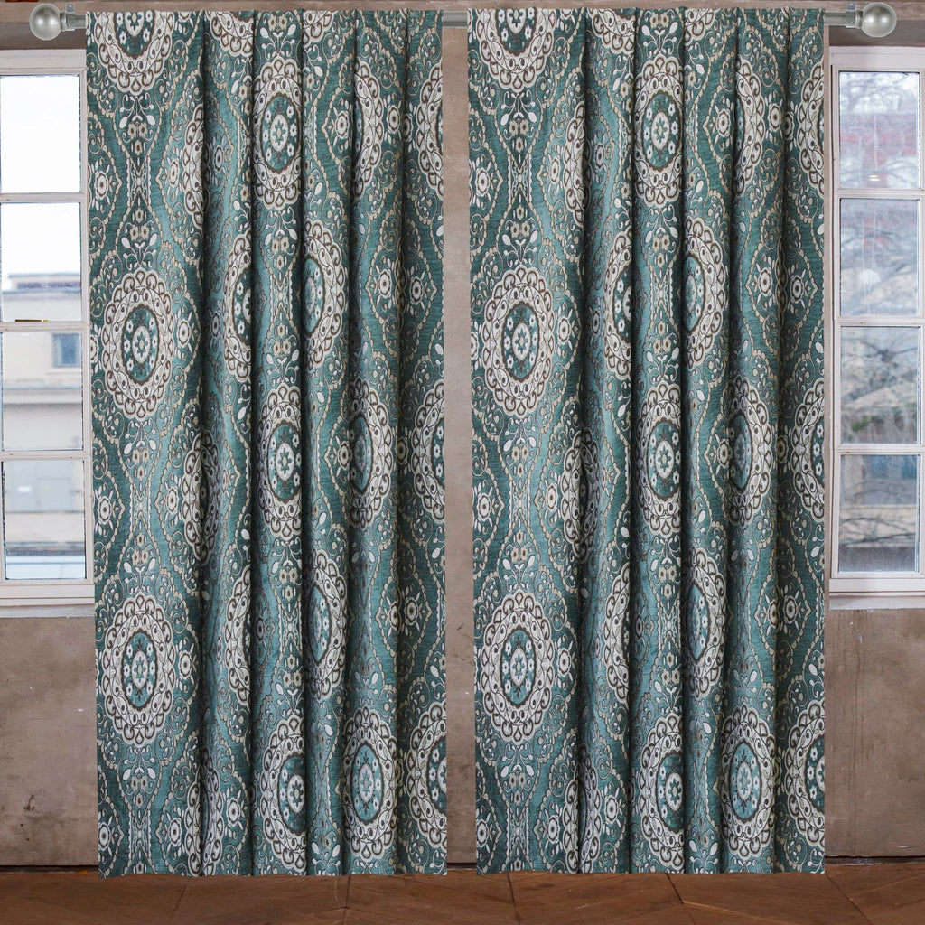 Geometric Eclectic Teal Chenille Velvet Curtain Panels