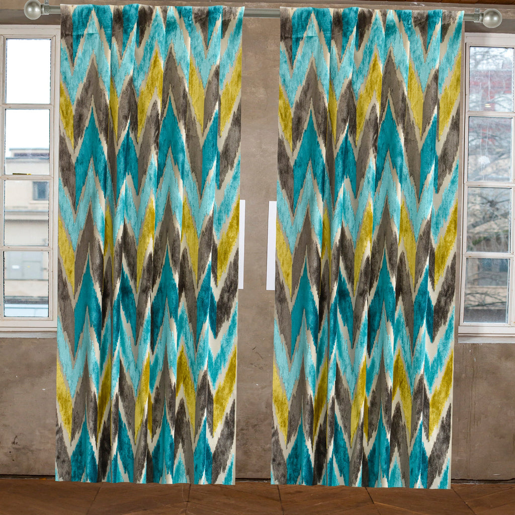 Chartreuse, Turquoise Chevron Jacquard Velvet Curtain Panels