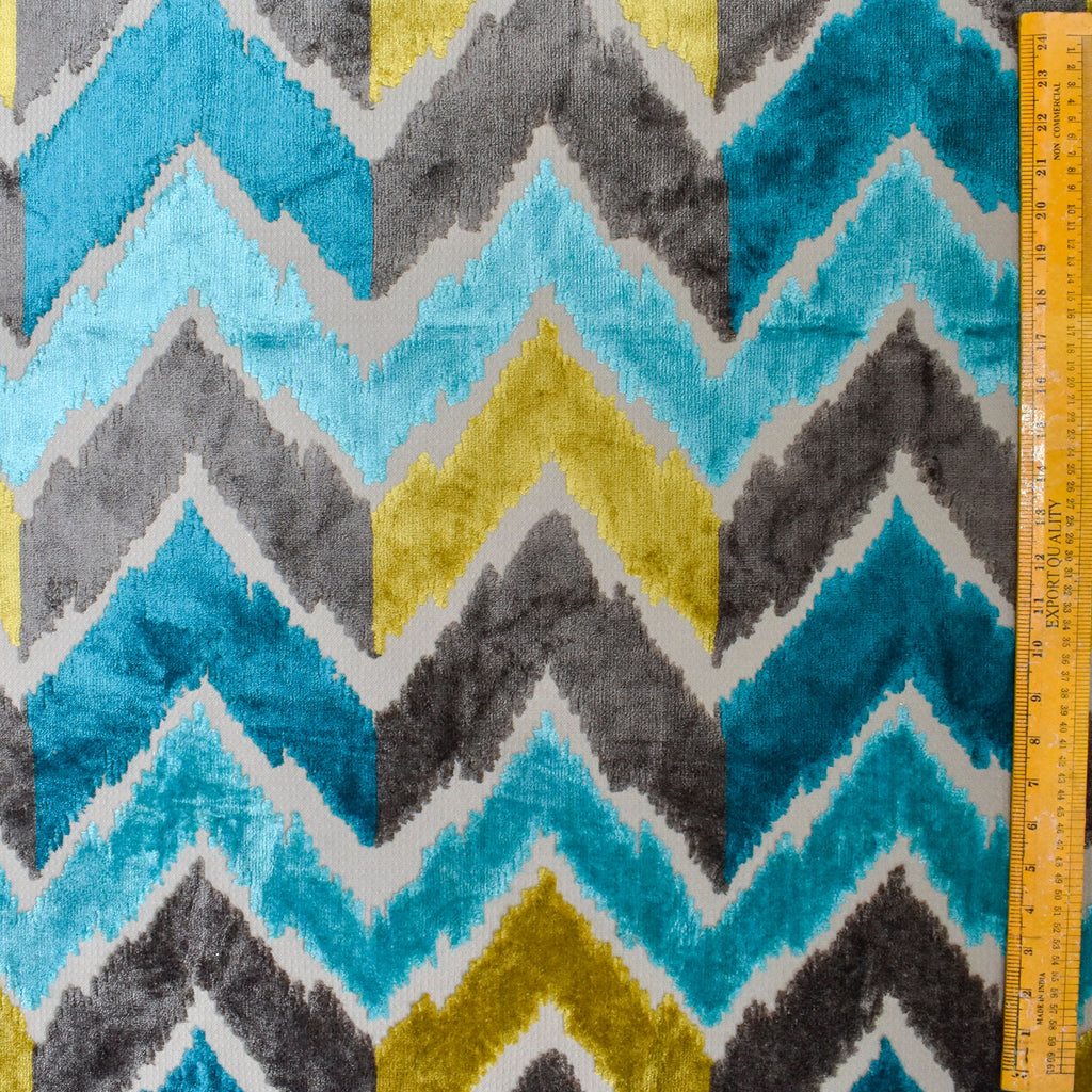 Chartreuse, Turquoise Chevron Jacquard Velvet Curtain Panels