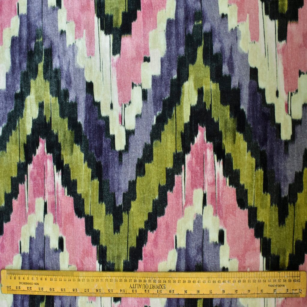 Pink, Green Chevron Digital Printed Velvet Curtain Panels