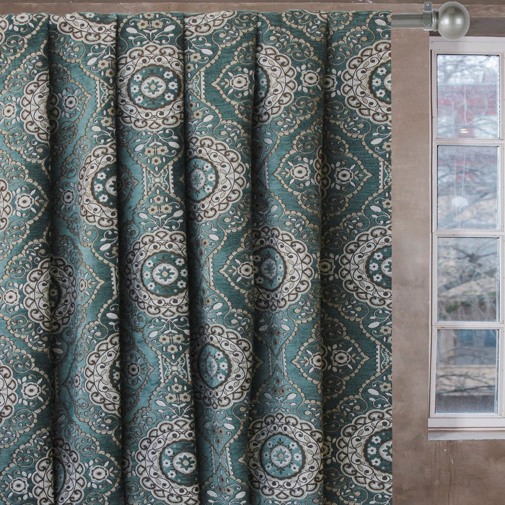 Geometric Eclectic Teal Chenille Velvet Curtain Panels