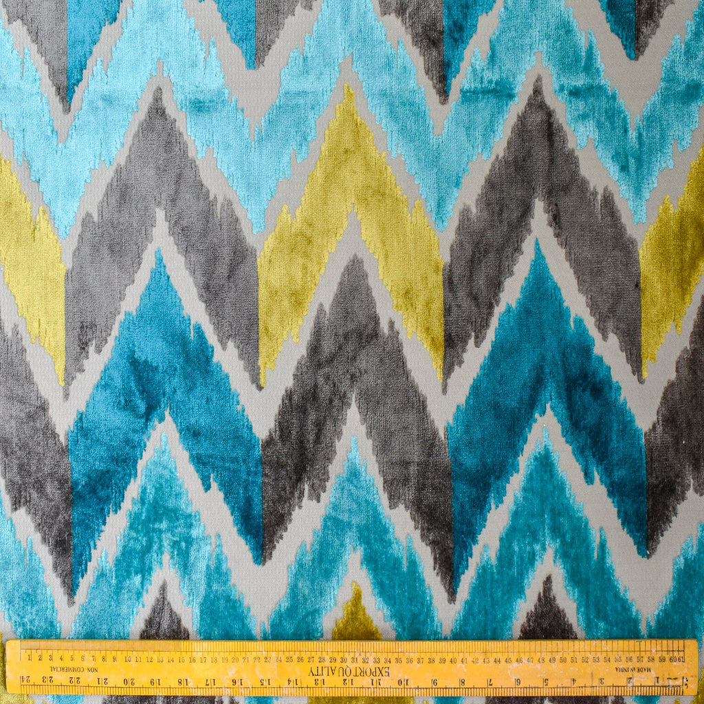 Chartreuse, Turquoise Chevron Jacquard Velvet Curtain Panels