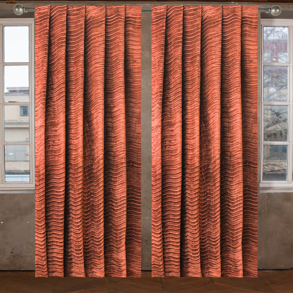Rust Velvet With Pleats Stripe Textured Curtain Panels