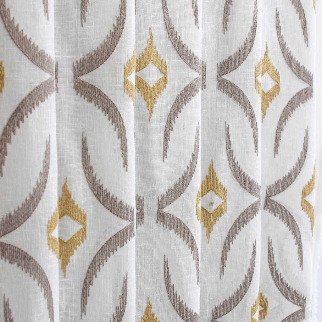 Geometric Mustard Sheer Embroidery Linen Look Curtain Panels