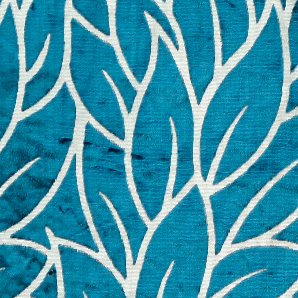 Teal Blue Leaves Velvet Fabric By The Metre