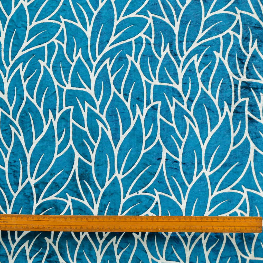 Teal Blue Leaves Velvet Fabric By The Metre