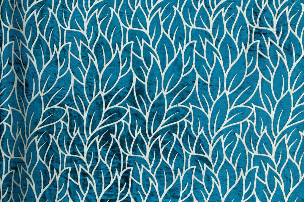Teal Blue Leaves Velvet Fabric By The Metre