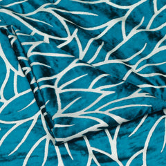 Teal Blue Leaves Velvet Fabric By The Metre
