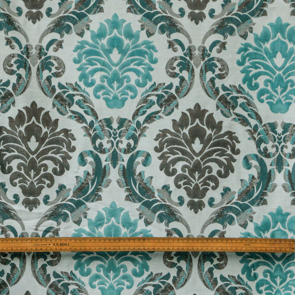 Teal N Grey Damask Jacquard Weave Curtain Panels