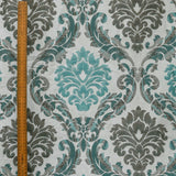 Teal & Grey Damask Jacquard Weave Fabric By The Metre