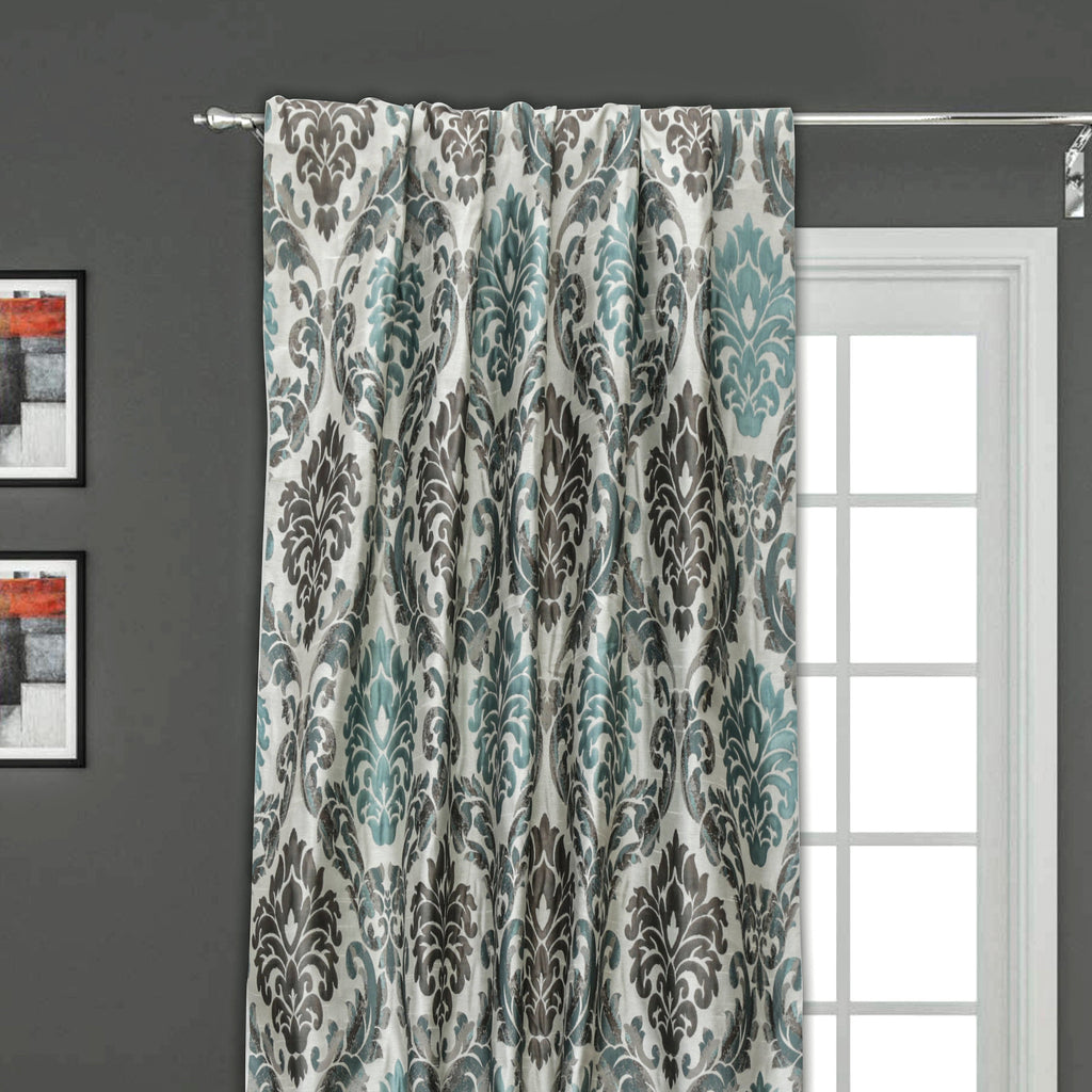 Teal N Grey Damask Jacquard Weave Curtain Panels