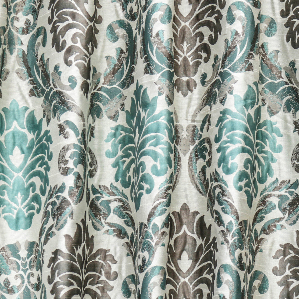 Teal & Grey Damask Jacquard Weave Fabric By The Metre