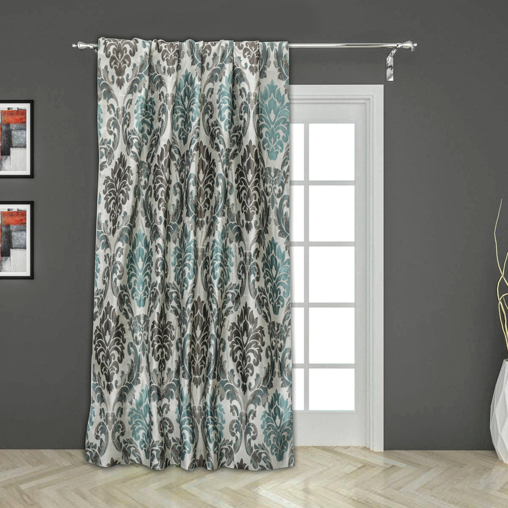 Teal N Grey Damask Jacquard Weave Curtain Panels