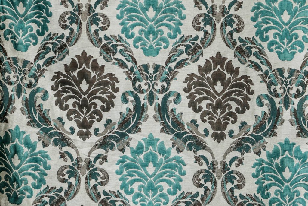 Teal N Grey Damask Jacquard Weave Curtain Panels