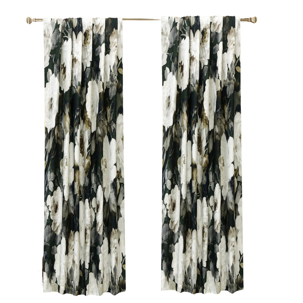 Midnight Roses Green, Brown Printed Cotton Curtain Panels