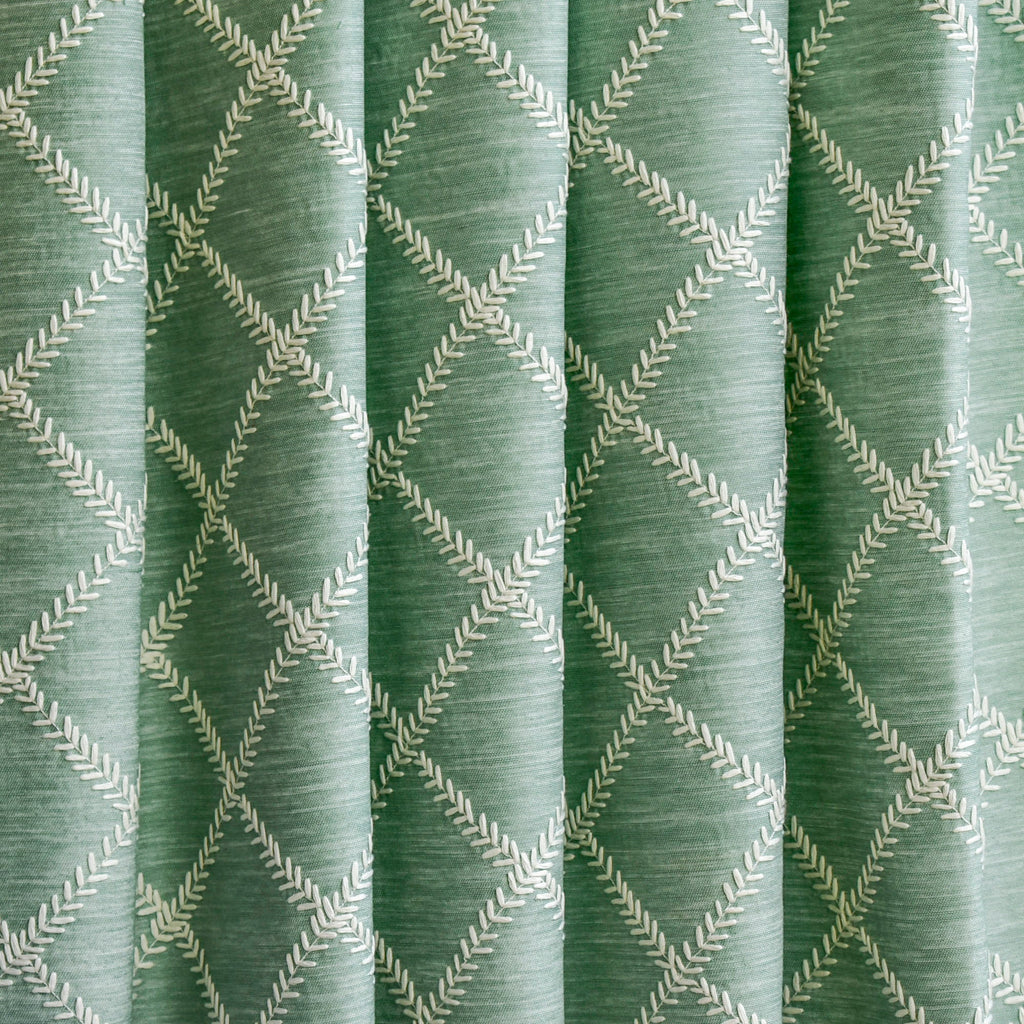 Duck Egg Leafy Diamond Chain Stitch Linen Curtain Panels