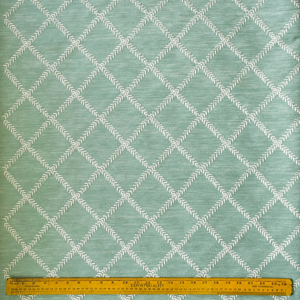 Duck Egg Leafy Diamond Chain Stitch Linen Curtain Panels