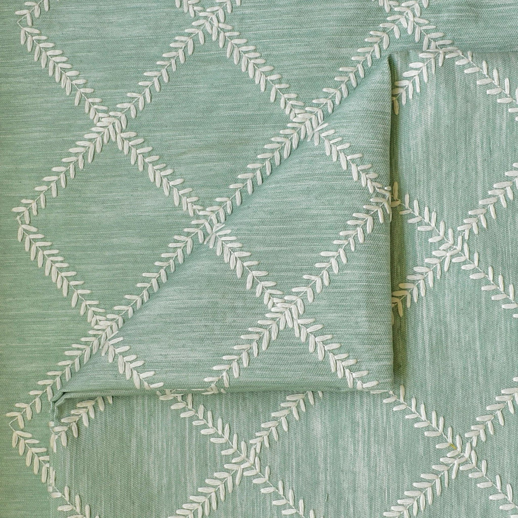 Duck Egg Leafy Diamond Chain Stitch Linen Curtain Panels