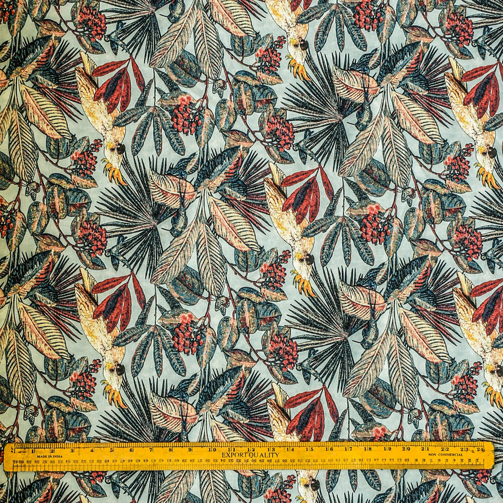 Sea Green, Red Cockatoo Love Cotton Printed Curtain Panels