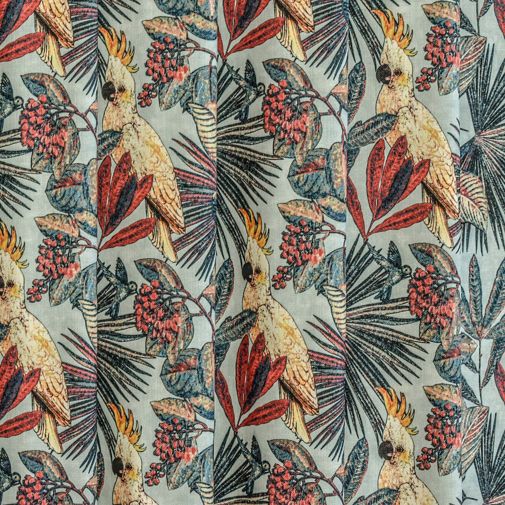 Sea Green, Red Cockatoo Love Cotton Printed Curtain Panels