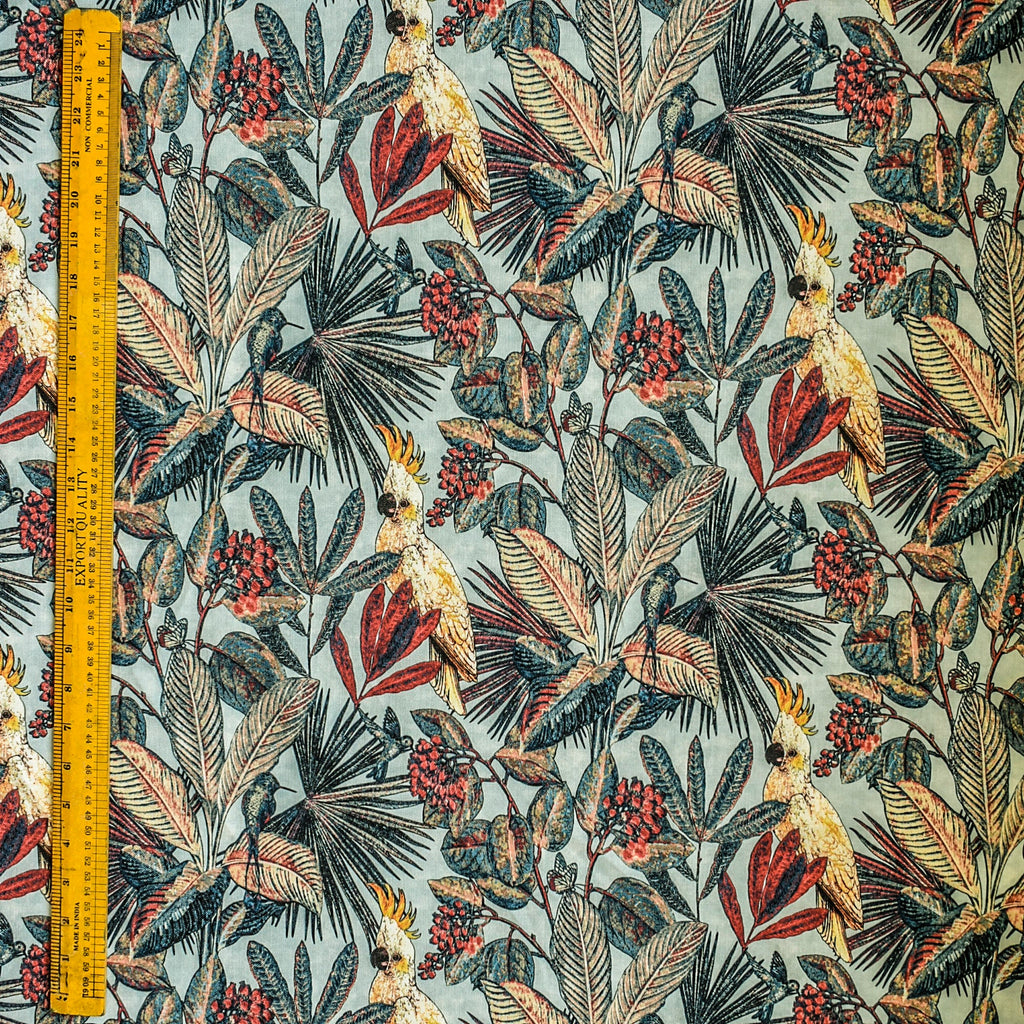 Sea Green, Red Cockatoo Love Cotton Printed Curtain Panels