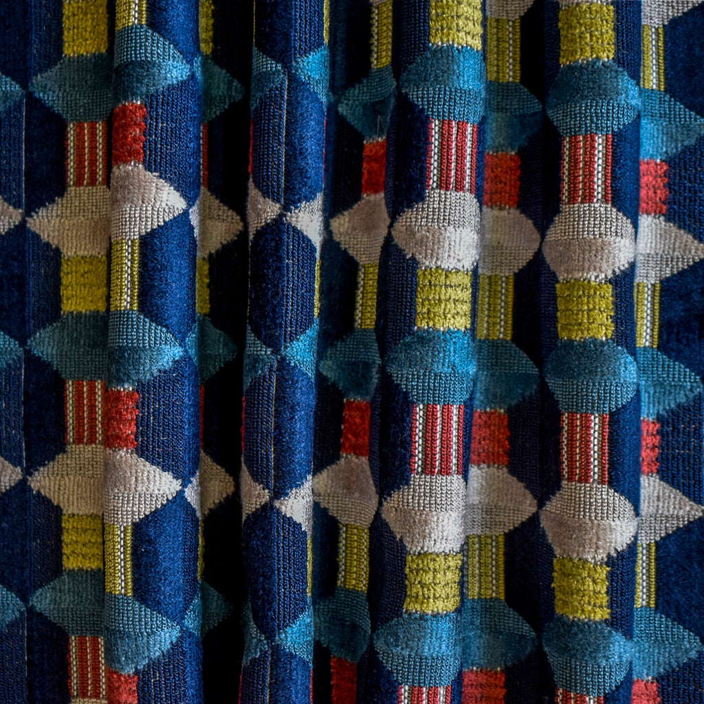Navy Blue Color Pop Geometric Jacquard Velvet Curtain Panels
