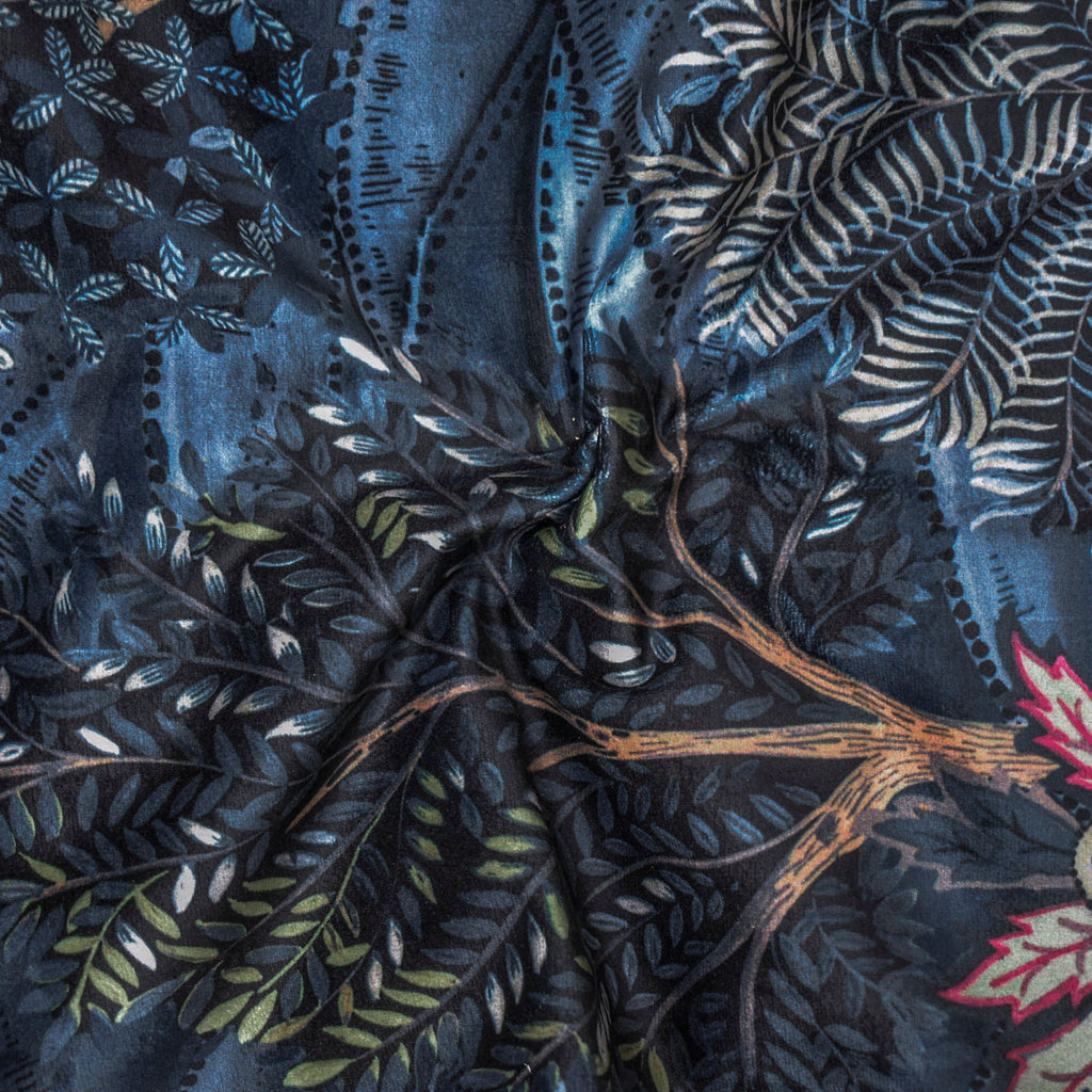 Elephant At Night Blue, Beige Printed Velvet Curtain Panels