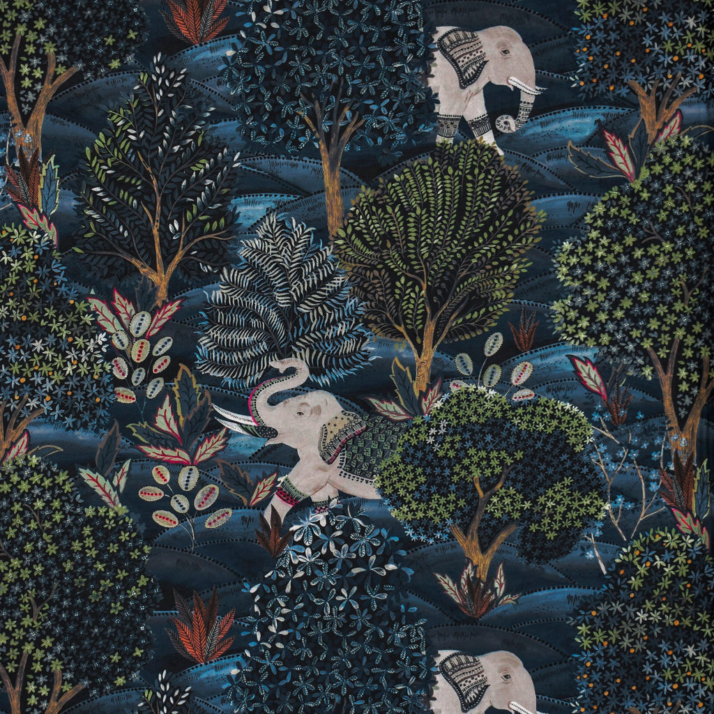 Elephant At Night Blue, Beige Printed Velvet Curtain Panels