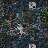 Elephant At Night Blue, Beige Printed Velvet Curtain Panels
