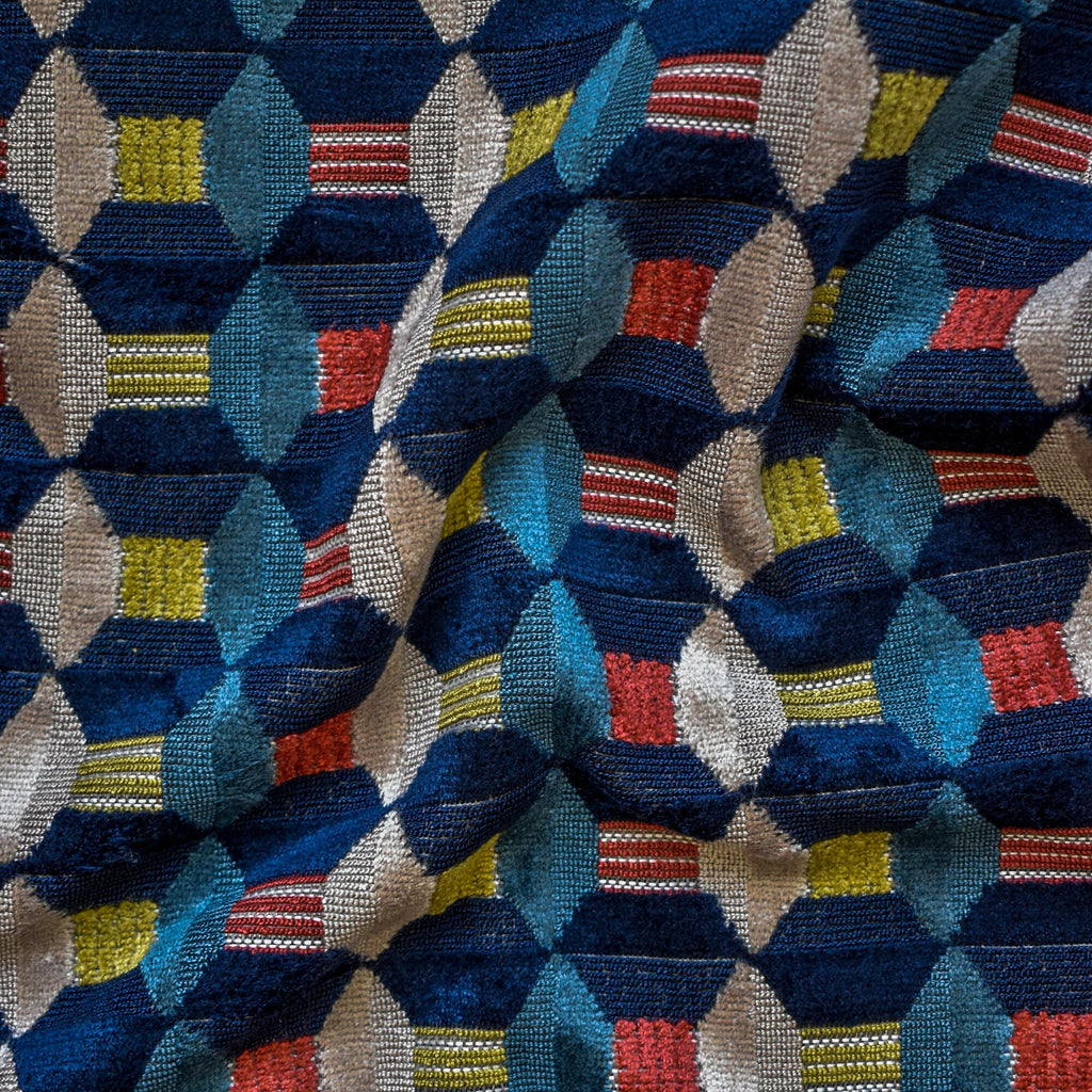 Navy Blue Color Pop Geometric Jacquard Velvet Curtain Panels